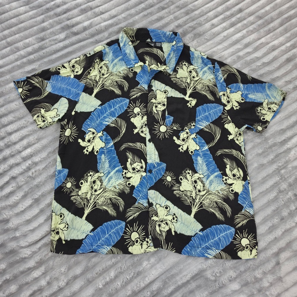 Disney Lilo & Stitch Mens 3XL Aloha Shirt Black Tropical Palm Button Up Pocket
